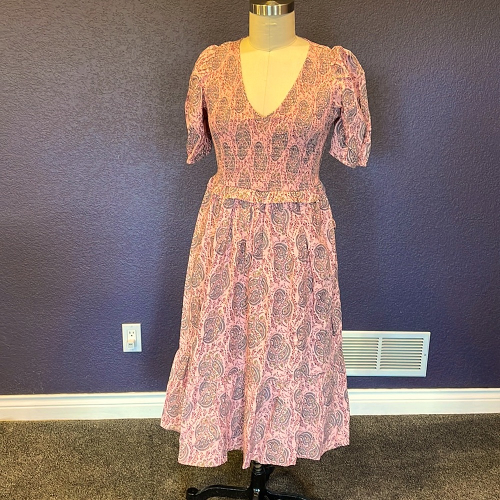 Lovely peach dress with green and maroon paisley design!